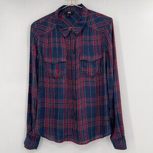 PAIGE Plaid Button Down Shirt Navy Red Long Sleeve Size L